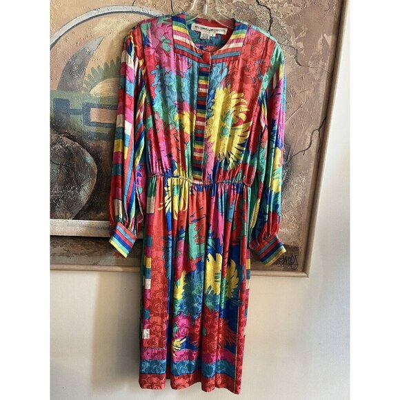 Anne Crimmins Silk Dress Vintage Colourful 80s Vibrant Long Dress Size 8 - Picture 1 of 11